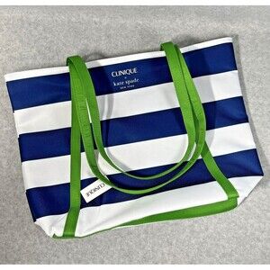 Clinique x Kate Spade Shopping Shoulder Tote Bag~Navy White Stripe~ Green Strip